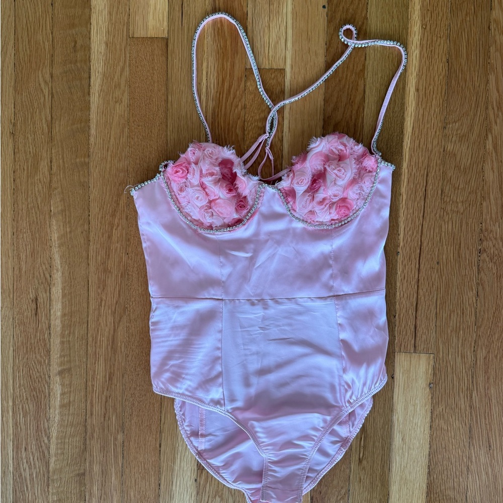For Love And Lemons Pink Satin Bodysuit with Chain Straps
